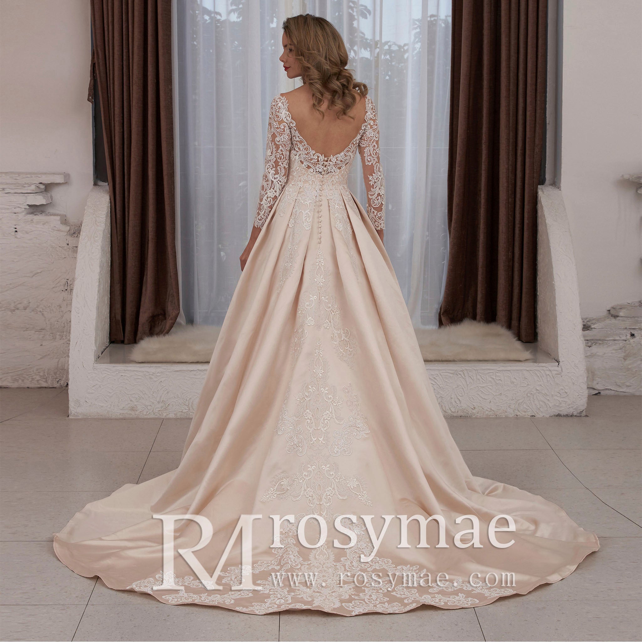 Gorgeous Long Sleeve Lace Satin A-Line Wedding Dress Champagne Champagne / 0 Gorgeous Long Sleeve Lace Satin A-Line Wedding Dress Champagne Champagne / 0