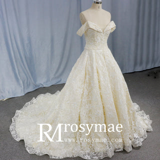 Champagne Lace off-the-shoulder Wedding Gown Bride Dress - Rosymae
