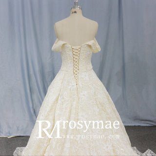 Champagne Lace off-the-shoulder Wedding Gown Bride Dress - Rosymae