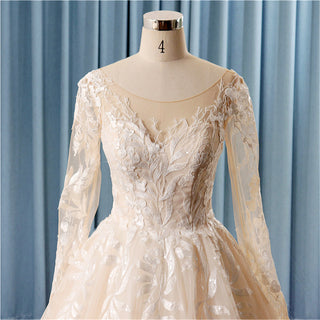 Champagne Sheer Neckline Long Sleeve Ballgown Wedding Dress