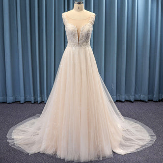 Sparkly Sheer Neck Tulle Lace A-line Backless Wedding Dress