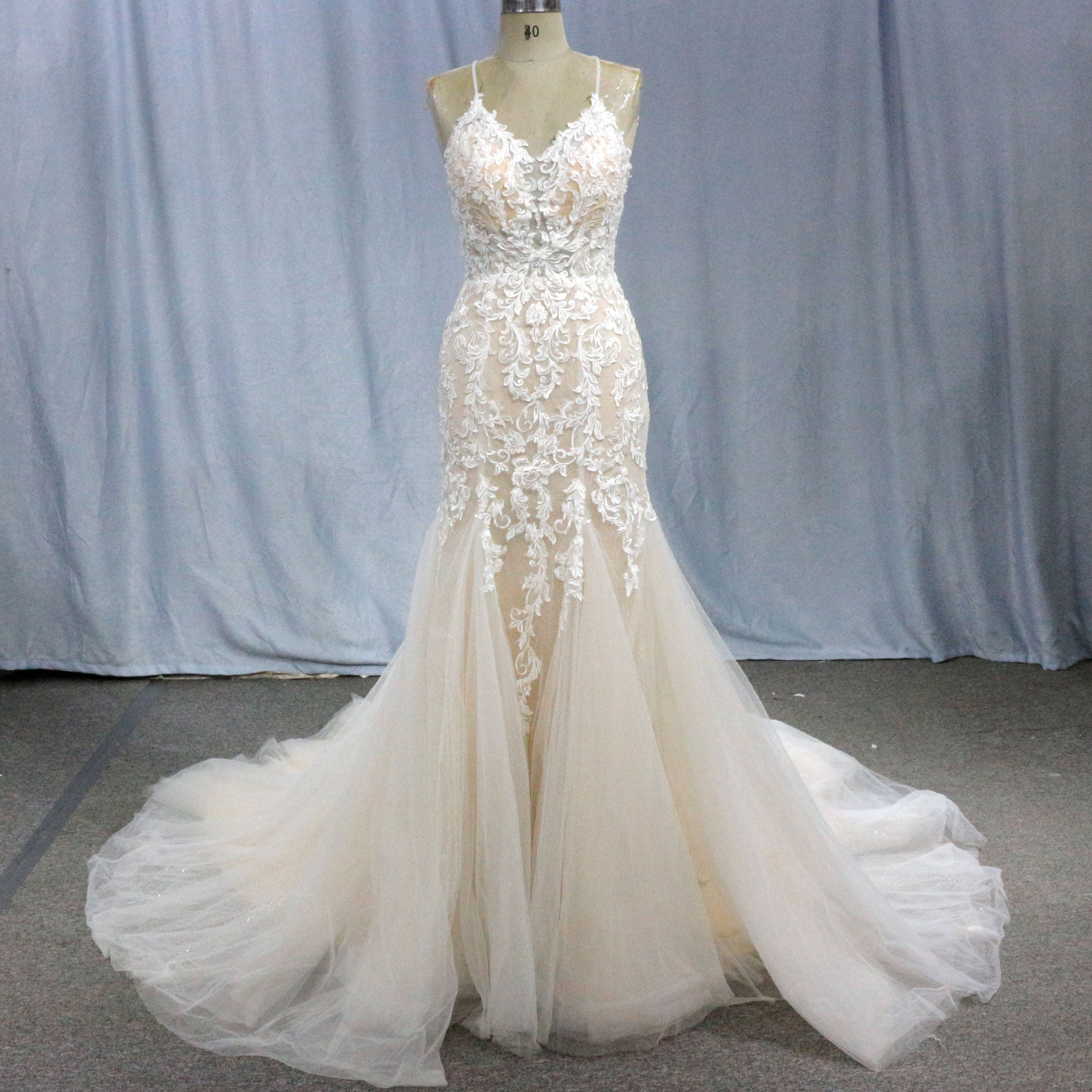 Lace Applique Spaghetti Strap Champagne Mermaid Wedding Dress White / 16W Lace Applique Spaghetti Strap Champagne Mermaid Wedding Dress White / 16W