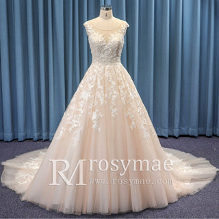 Sheer Neck Tulle and Lace A-line Wedding Dress with Cathedral Train