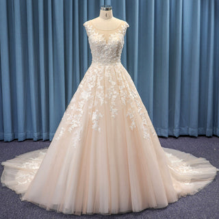 Sheer Neck Tulle and Lace A-line Wedding Dress with Cathedral Train