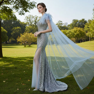 Charming One Shoulder Sequin Evening Dress Party Gown Mermaid - Rosymae