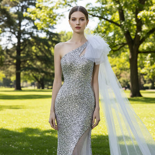 Charming One Shoulder Sequin Evening Dress Party Gown Mermaid - Rosymae