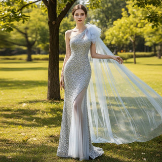 Charming One Shoulder Sequin Evening Dress Party Gown Mermaid - Rosymae