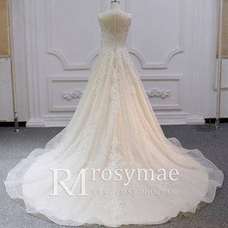 Charming Sheer Neckline A-line Tulle Lace Bridal Wedding Dress - Rosymae