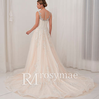 Charming Sheer Neckline A-line Tulle Lace Bridal Wedding Dress - Rosymae