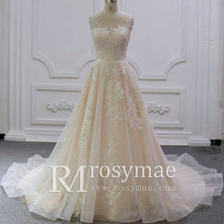 Charming Sheer Neckline A-line Tulle Lace Bridal Wedding Dress - Rosymae