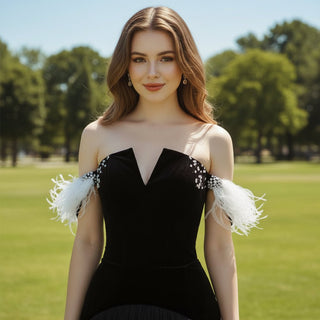 Charming V-neck Black Tulle Bridal Wedding Dress Off the Shoulder - Rosymae