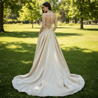 Chic Halter Neck Champagne Informal Wedding Dress with Leg Slit - Rosymae