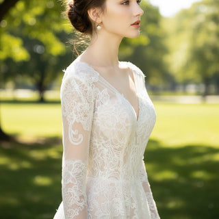 Chic Sheer Long Sleeve Floral Lace Wedding Dress with Open Back - Rosymae