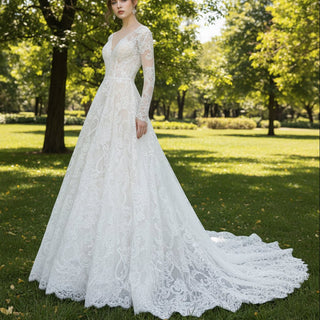 Chic Sheer Long Sleeve Floral Lace Wedding Dress with Open Back - Rosymae