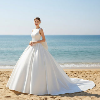 Choker & High Neck Satin Wedding Dress with Big Bowknot - Rosymae