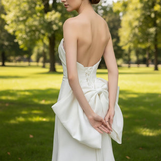 Classic Fit Flare Satin Bridal Gown Wedding Dress with Bowknot - Rosymae