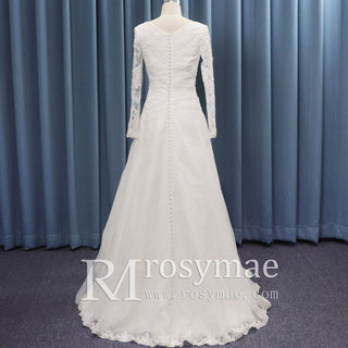 Classic Sheer Long Sleeve V-neck Tulle Lace Wedding Dress - Rosymae