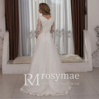 Classic Sheer Long Sleeve V-neck Tulle Lace Wedding Dress - Rosymae
