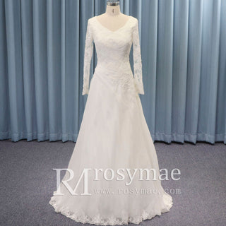 Classic Sheer Long Sleeve V-neck Tulle Lace Wedding Dress - Rosymae