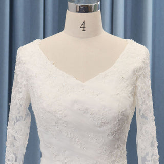 Classic Sheer Long Sleeve V-neck Tulle Lace Wedding Dress - Rosymae