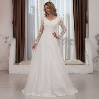 Classic Sheer Long Sleeve V-neck Tulle Lace Wedding Dress - Rosymae