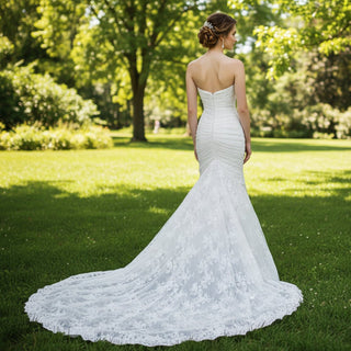 Classic Strapless Fit Flare Lace Wedding Dress with Beaded Pearls - Rosymae