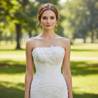 Classic Strapless Fit Flare Lace Wedding Dress with Beaded Pearls - Rosymae