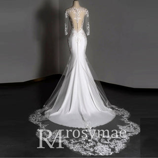 Classic Three Quarter Sleeve Satin Lace Mermaid Bridal Wedding Dress - Rosymae
