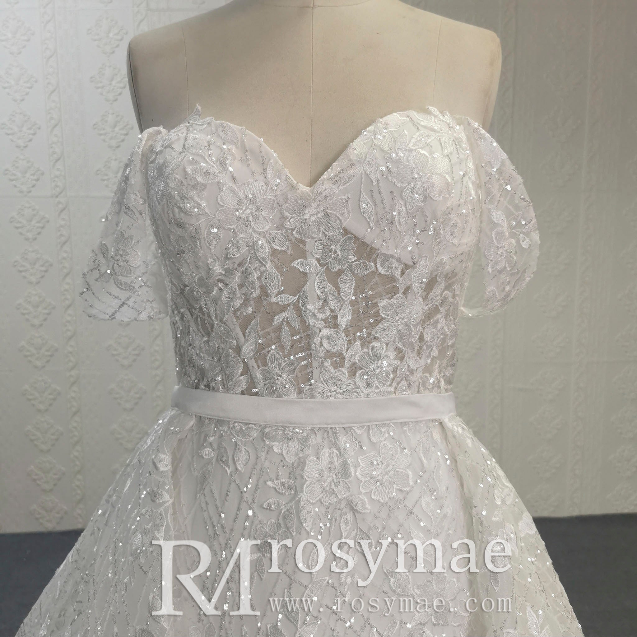 Convertible Off Shoulder Sweetheart Sparkly Ballgown Wedding Dress - Rosymae
