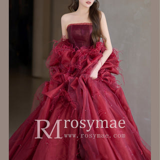Strapless Crimson Formal Dresses Evening Gowns with Feathers