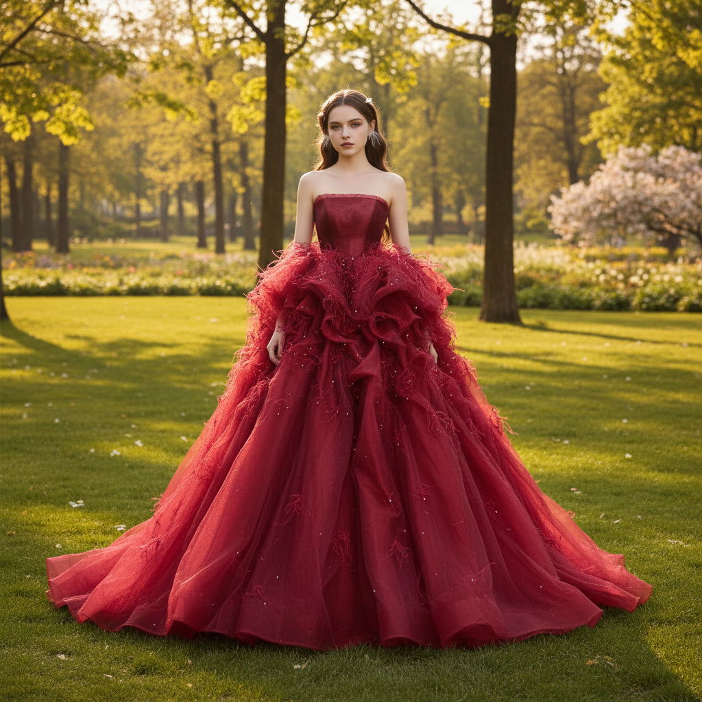 Strapless Crimson Formal Dresses Evening Gowns with Feathers – Rosymae