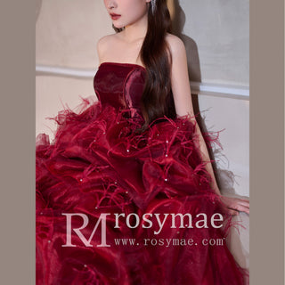 Strapless Crimson Formal Dresses Evening Gowns with Feathers