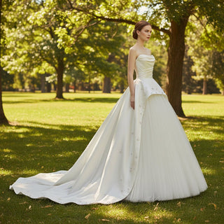 Curve Neck A-line Wedding Dresses Bridal Gowns with Pearls - Rosymae