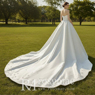 Curve Neck A-line Wedding Dresses Bridal Gowns with Pearls - Rosymae