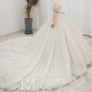 Champagne Ball Gown Square-neck Wedding Dress with Short Sleeve