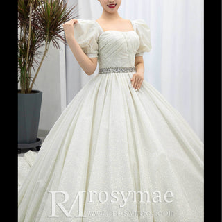 Champagne Ball Gown Square-neck Wedding Dress with Short Sleeve
