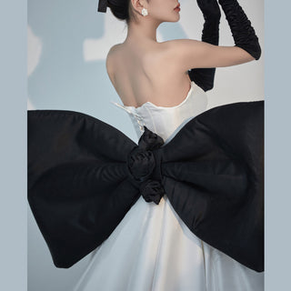 Elegant A-Line Strapless Satin Wedding Dress with Black Bowknot