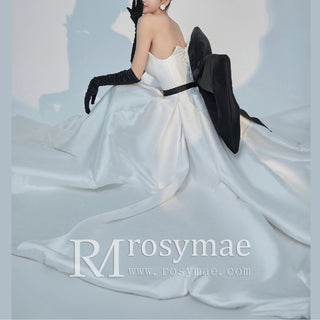 Elegant A-Line Strapless Satin Wedding Dress with Black Bowknot