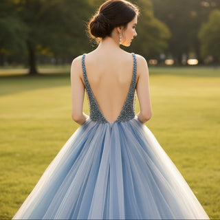 Deep V-neck Beaded Crystals A-line China Blue Formal Dresses - Rosymae