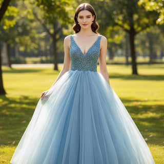 Deep V-neck Beaded Crystals A-line China Blue Formal Dresses - Rosymae