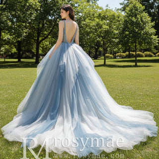 Deep V-neck Beaded Crystals A-line China Blue Formal Dresses - Rosymae