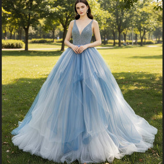 Deep V-neck Beaded Crystals A-line China Blue Formal Dresses - Rosymae