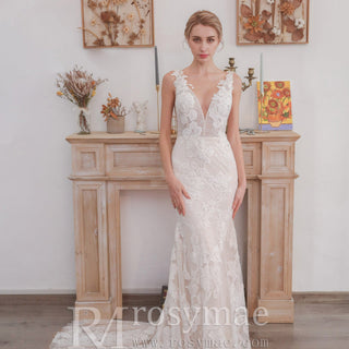 Deep V Neck Fit and Flare Wedding Dress With Open Back - Rosymae