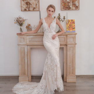 Deep V Neck Fit and Flare Wedding Dress With Open Back - Rosymae