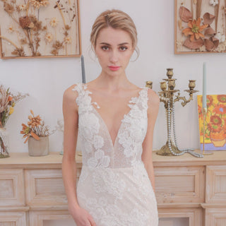 Deep V Neck Fit and Flare Wedding Dress With Open Back - Rosymae