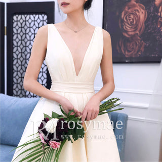 High Low Satin A-line Wedding Dress with Tank V-neck for Women