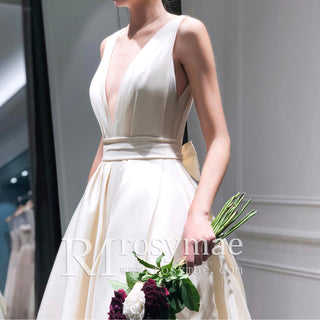 High Low Satin A-line Wedding Dress with Tank V-neck for Women