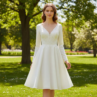 Deep V-neck Informal Long Sleeve Country Knee Length Wedding Dress - Rosymae