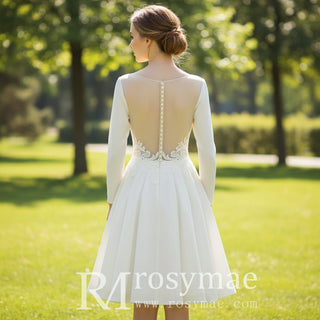 Deep V-neck Informal Long Sleeve Country Knee Length Wedding Dress - Rosymae