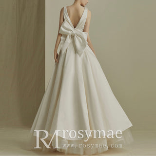 Floor Length Wedding Dress with Double V-Neck Bowknot Back